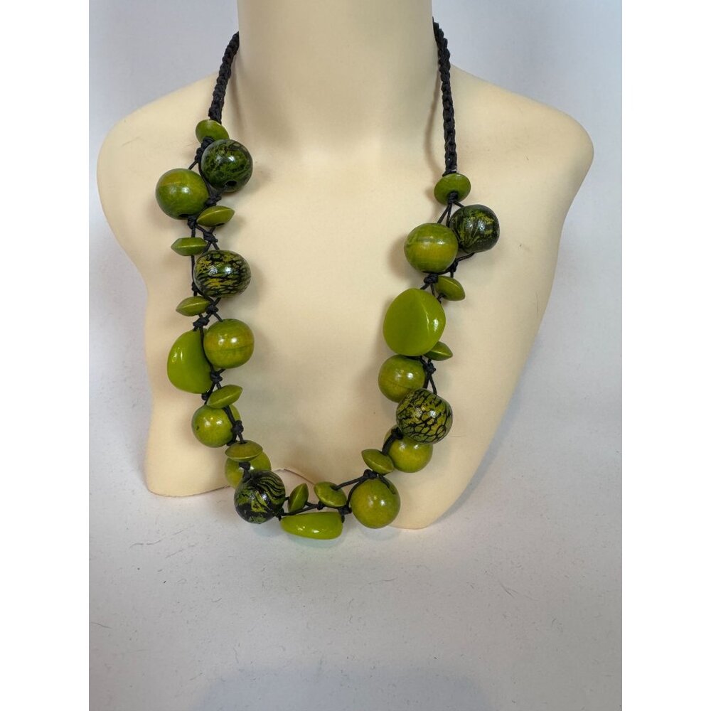 Handcrafted Green Beaded Necklace With Black Braided Cord Adjustable Length Boho